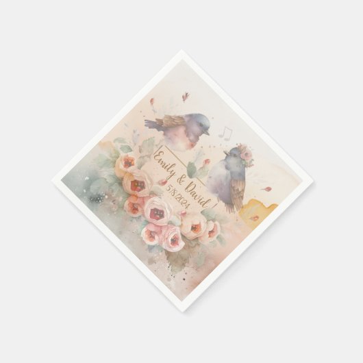 Serviette En Papier Inséparables aquarelle avec roses pour mariage (Coin)
