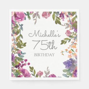 Serviette En Papier Invitation élégante pour 75 ans avec fleurs aquare