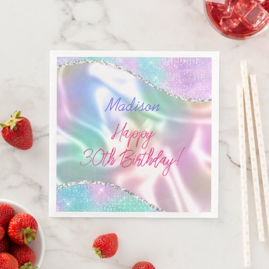 Serviette En Papier Iridescente Sparkle Joyeux Anniversaire & Nom, Tou (En situation)