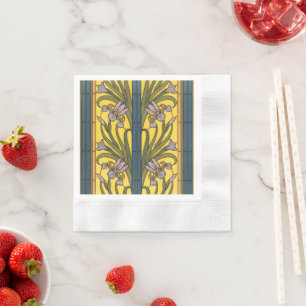 Serviette En Papier Iris Fleur Art Nouveau Vitrail Bleu Or