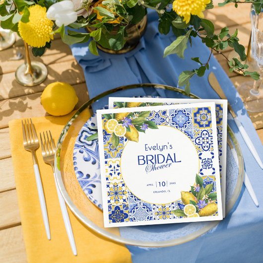 Serviette En Papier Italian Mosaic Blue Tile Lemons Bridal Shower
