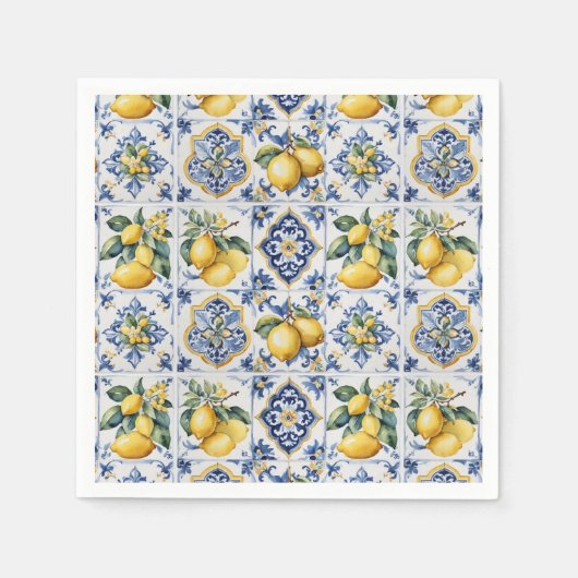 Serviette En Papier Italien Amalfi bleu carreaux blancs citrons (Devant)