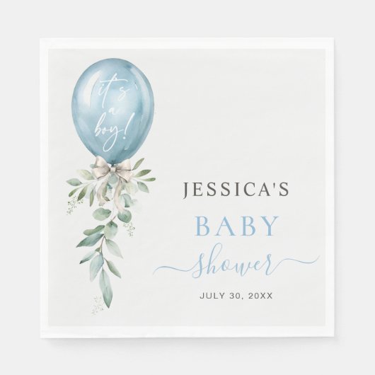 Serviette En Papier It's A Boy Blue Balloon Bow Greenery Baby Shower (Devant)