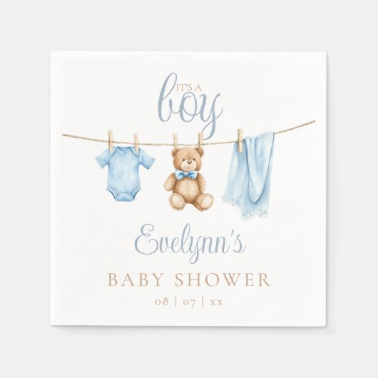 Serviette En Papier Its A Boy Blue Clothesline Baby Shower (Devant)