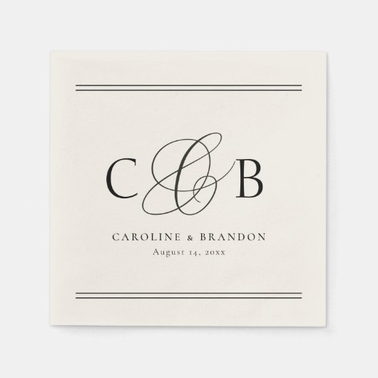 Serviette En Papier Ivoire et Noir Élégant Initiales Monogramme Mariag (Devant)