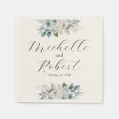 Serviette En Papier Ivoire personnalisé et Mariage floral bleu (Devant)