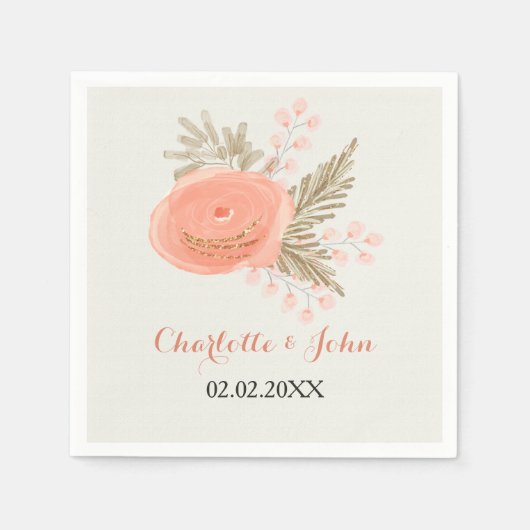 Serviette En Papier ivoire rousse dorée mariage floral (Devant)