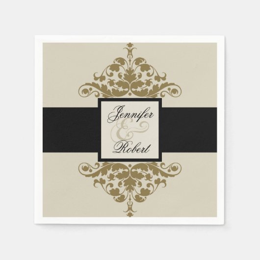 Serviette En Papier Ivory Black et Gold Mariage damassé Napkin (Devant)