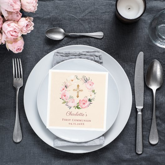 Serviette En Papier Ivory blush pink floral wreath First Communion