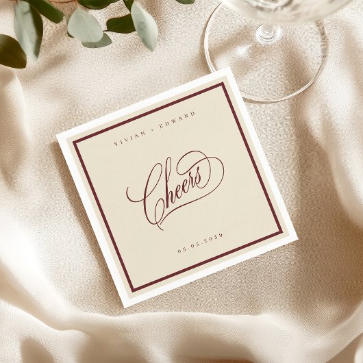 Serviette En Papier Ivory Burgundy Classic Border Cheers Retro Wedding