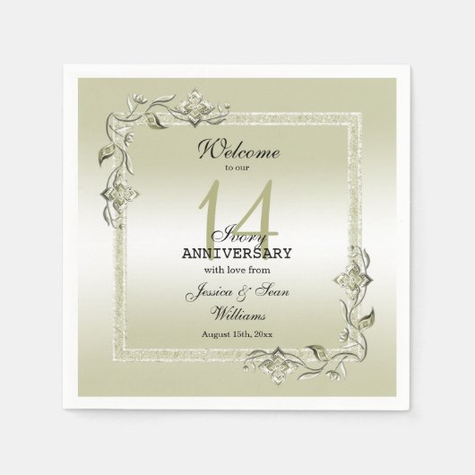 Serviette En Papier Ivory Gem & Parties scintillant 14e anniversaire d (Devant)