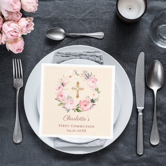 Serviette En Papier Ivory pink floral wreath First Communion luncheon