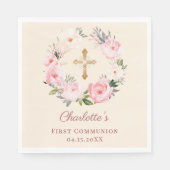 Serviette En Papier Ivory pink floral wreath First Communion luncheon (Devant)