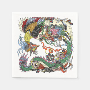 Serviette En Papier Jade Dragon and Gold Phoenix playing with a pearl