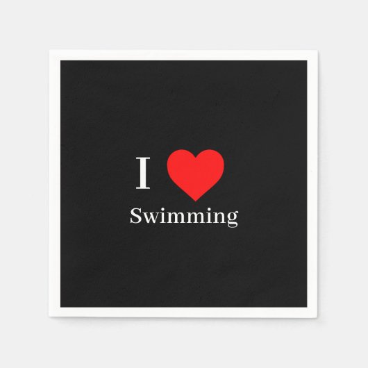 Serviette En Papier J'aime Natation Typographie & Coeur Rouge Noir (Devant)