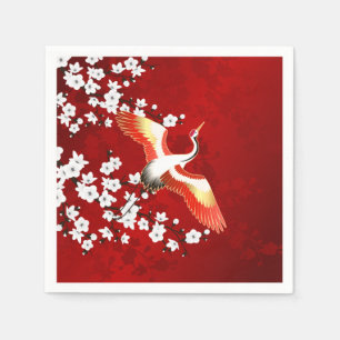 Serviette En Papier Japonaise Grue Blanc Cerisier Fleur Rouge