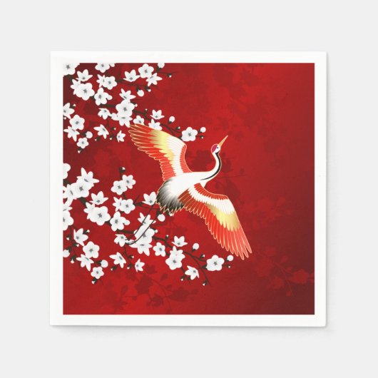 Serviette En Papier Japonaise Grue Blanc Cerisier Fleur Rouge (Devant)