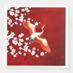 Serviette En Papier Japonaise Grue Blanc Cerisier Fleur Rouge