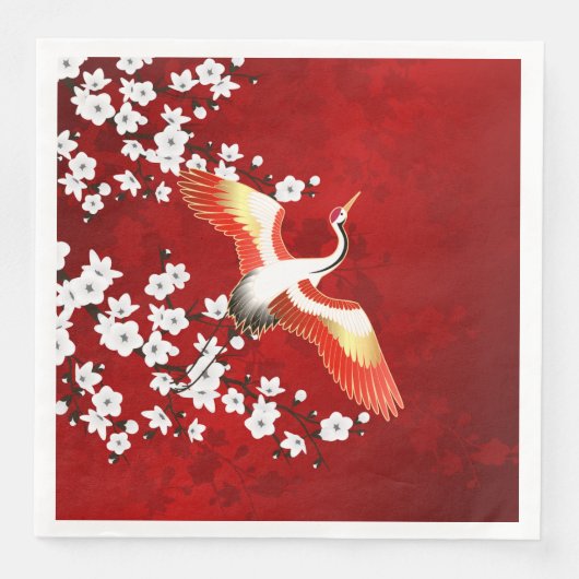 Serviette En Papier Japonaise Grue Blanc Cerisier Fleur Rouge (Devant)