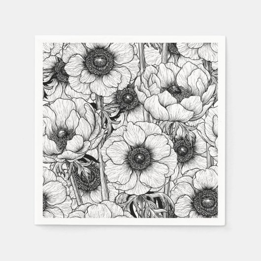 Serviette En Papier Jardin d'anémones en noir et blanc (Devant)