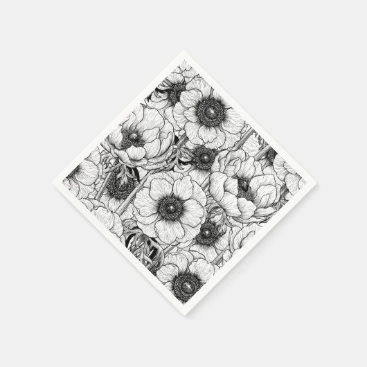 Serviette En Papier Jardin d'anémones en noir et blanc (Coin)