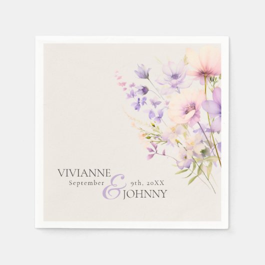 Serviette En Papier Jardin Fleurs sauvages Beige Lavande violet Mariag (Devant)