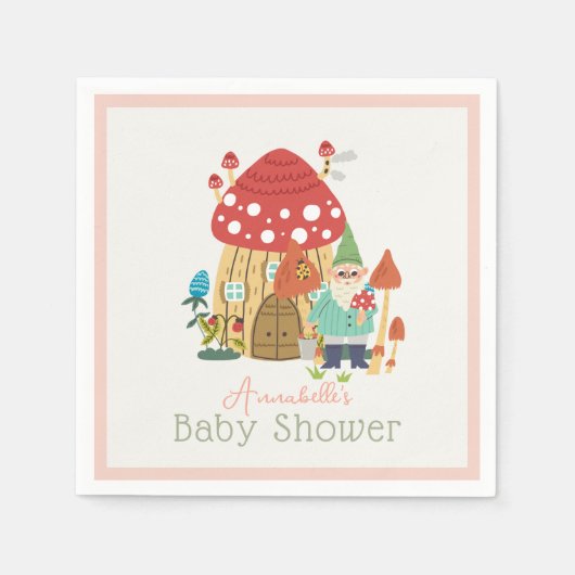 Serviette En Papier Jardin Gnome Champignons Baby shower fille rose (Devant)