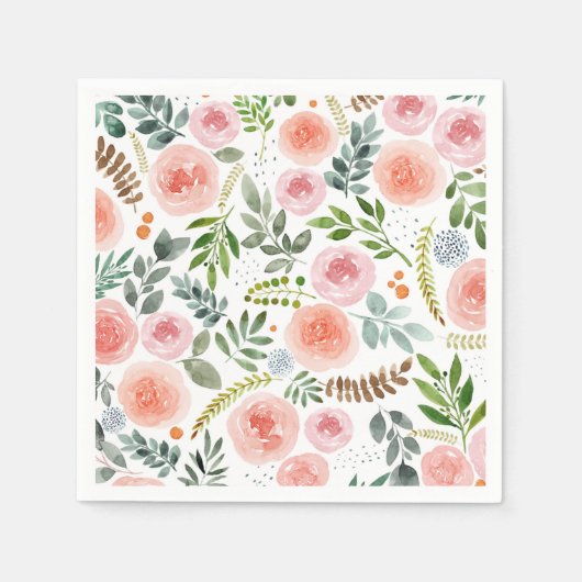 Serviette En Papier Jardin - Motif de rose et de feuille à l'aquarelle (Devant)