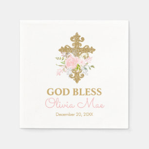 Serviette En Papier Jardin Rose Baptême rose et or personnalisé