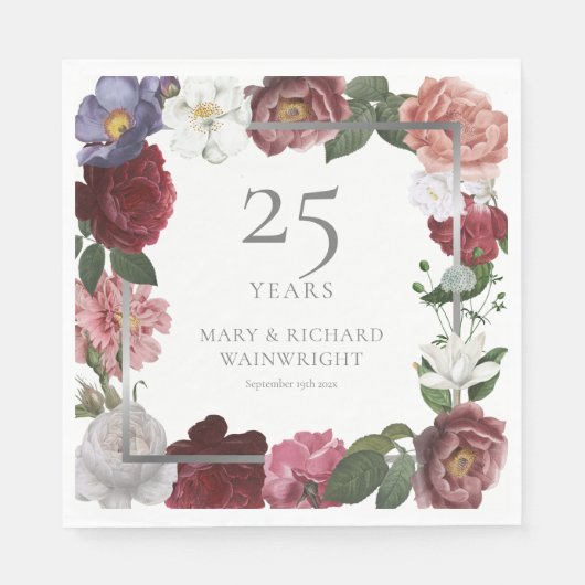 Serviette En Papier Jardin Rose du 25e anniversaire d'argent (Devant)