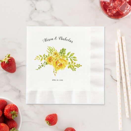 Serviette En Papier Jaune aquarelle cactus fleurs mariage floral (En situation)