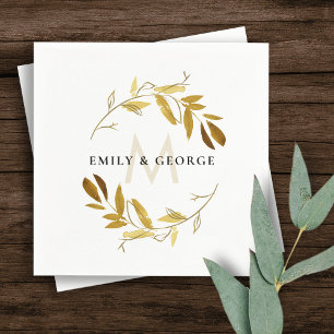 SERVIETTE EN PAPIER JAUNE AUTOMNE OR FOLIAGE WREATH MONOGRAM MARIAGE
