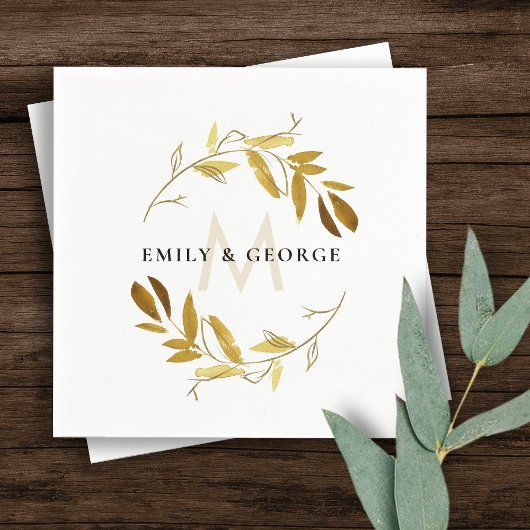 SERVIETTE EN PAPIER JAUNE AUTOMNE OR FOLIAGE WREATH MONOGRAM MARIAGE