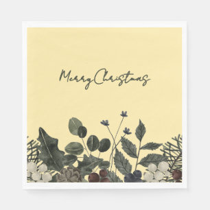 Serviette En Papier Jaune Beurre et Floral Vert Foncé Joyeux Noël