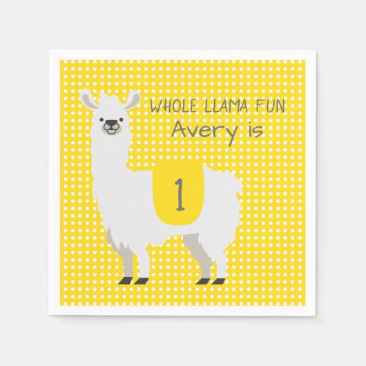 Serviette En Papier Jaune et ivoire Cute Llama Baby 1er Anniversaire (Devant)