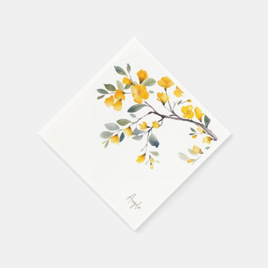 Serviette En Papier Jaune Floral Custom Script Or Texte Douche (Coin)