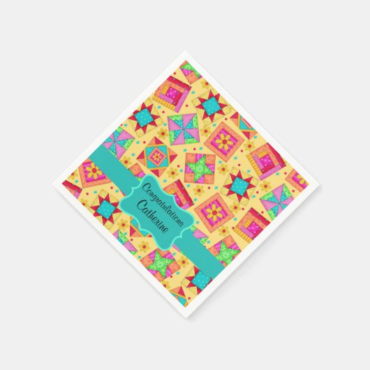 Serviette En Papier Jaune Patchwork Quilt Block Nom Félicitations (Coin)