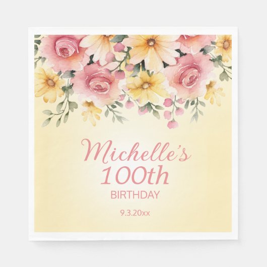 Serviette En Papier Jaune rose printemps Floral 100e anniversaire (Devant)
