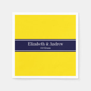 Serviette En Papier Jaune Uni, Ruban Bleu Marine Monogramme Nom