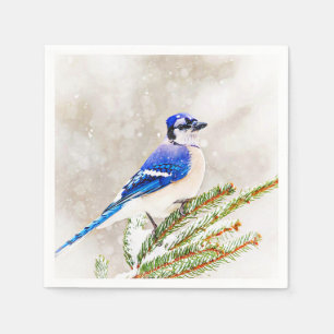 Serviette En Papier Jay bleu dans un pin avec neige