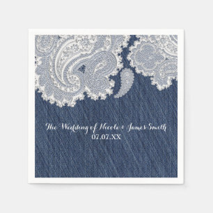 Serviette En Papier Jean en Denim & Dentelle Blanche Élégant Mariage d