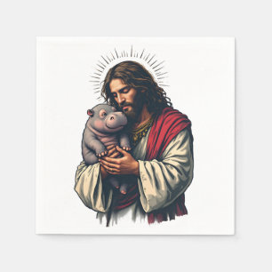 Serviette En Papier Jésus tenant un bébé Moo Deng Hippo