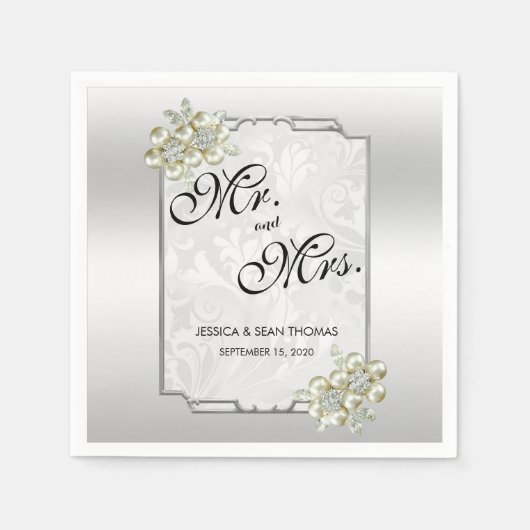 Serviette En Papier Jeu floral classique, Mariage encadré d'argent (Devant)