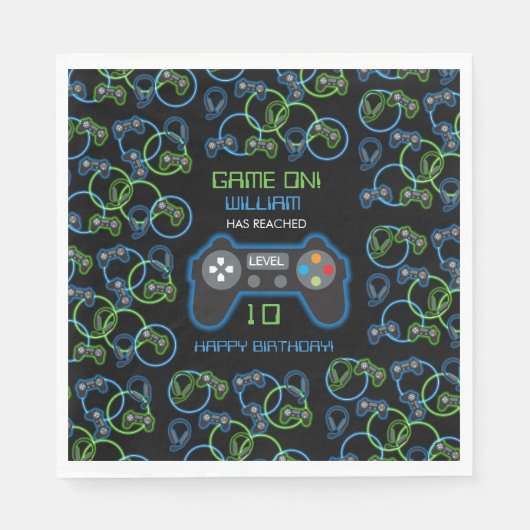 Serviette En Papier Jeu vidéo Neon Blue & Green Anniversaire Party (Devant)