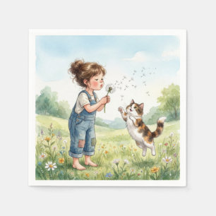 Serviette En Papier Jeune fille soufflant des graines de pissenlit ave