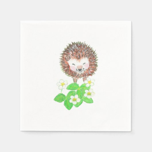 Serviette En Papier Jeune Hérisson et Fleurs de fraises sauvages (Devant)