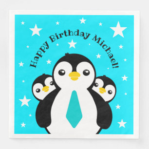 Serviette En Papier Joli Anniversaire Garçon Pingouins Blue Neckties