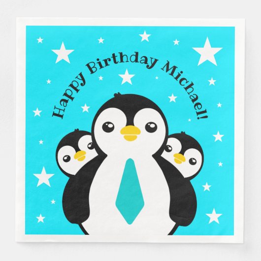 Serviette En Papier Joli Anniversaire Garçon Pingouins Blue Neckties (Devant)
