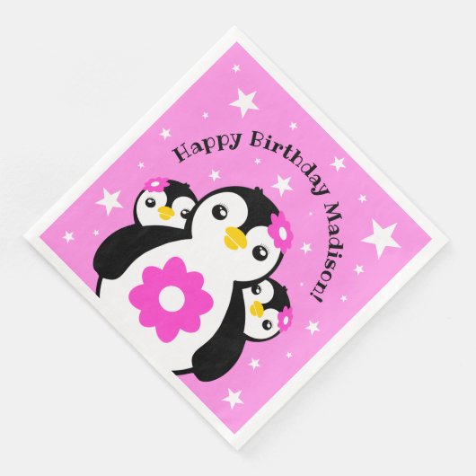 Serviette En Papier Joli Anniversaire Pingouins Fleurs Roses (Coin)