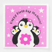 Serviette En Papier Joli Anniversaire Pingouins Fleurs Roses (Devant)